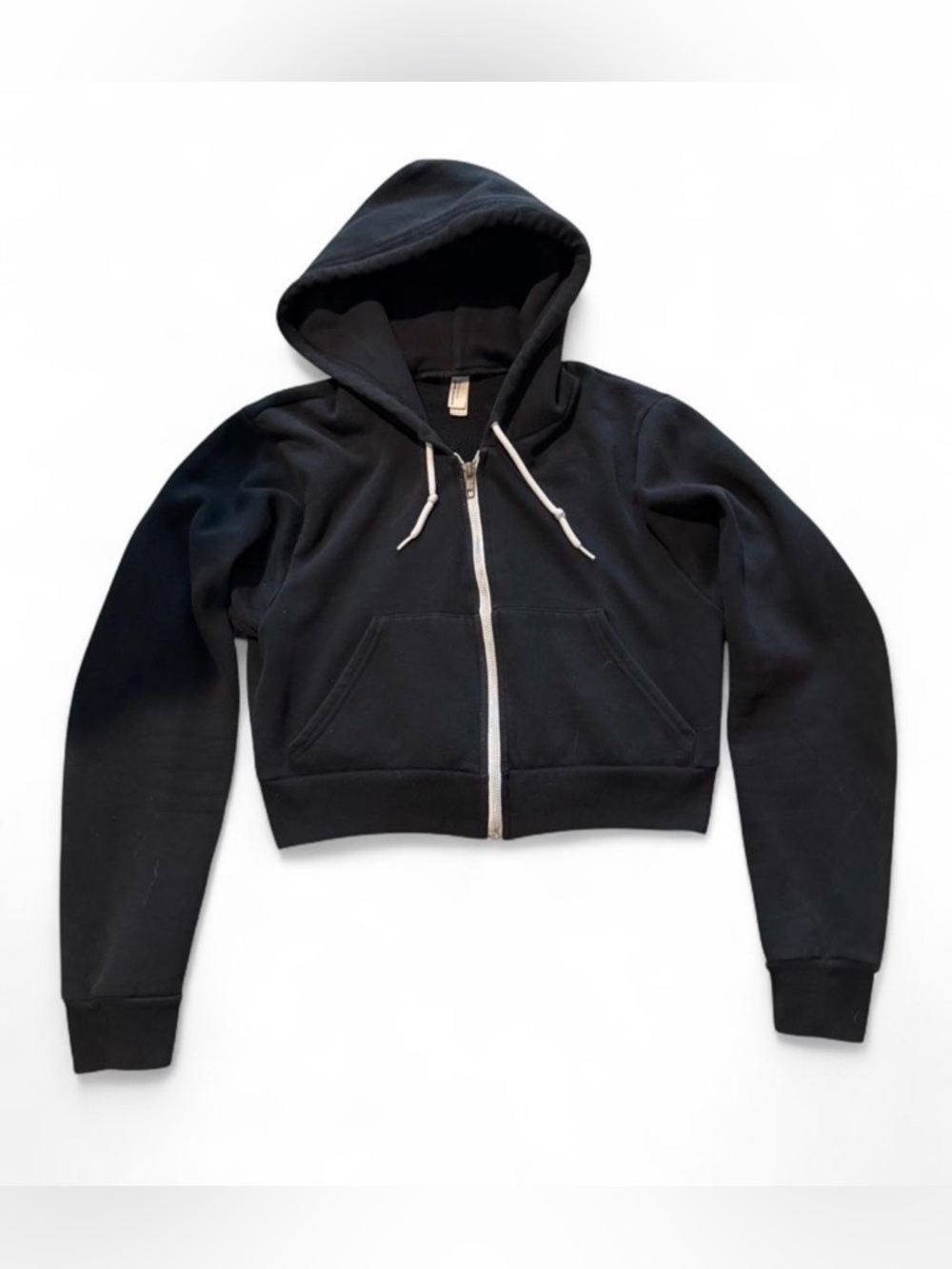 American Apparel Black Cropped Zip Hoodie with White Drawcords